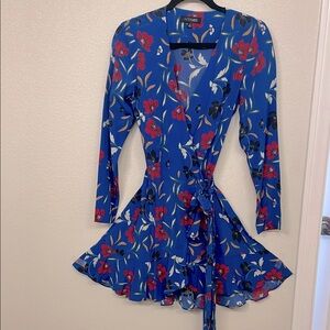 INTERMIX Blue Floral Silk Wrap Dress, Size 4